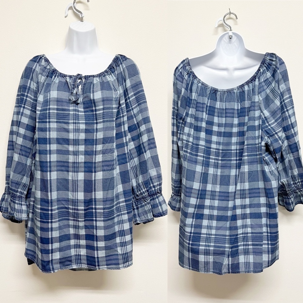 Cato Womens Plus Blue Plaid Long Sleeve Bohemian Peasant Tie Blouse Size 26/28W